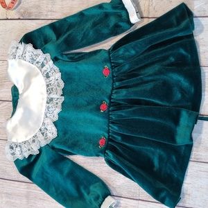 Girl's vintage green velvet like white lace trim collar size 5 Holiday Festive